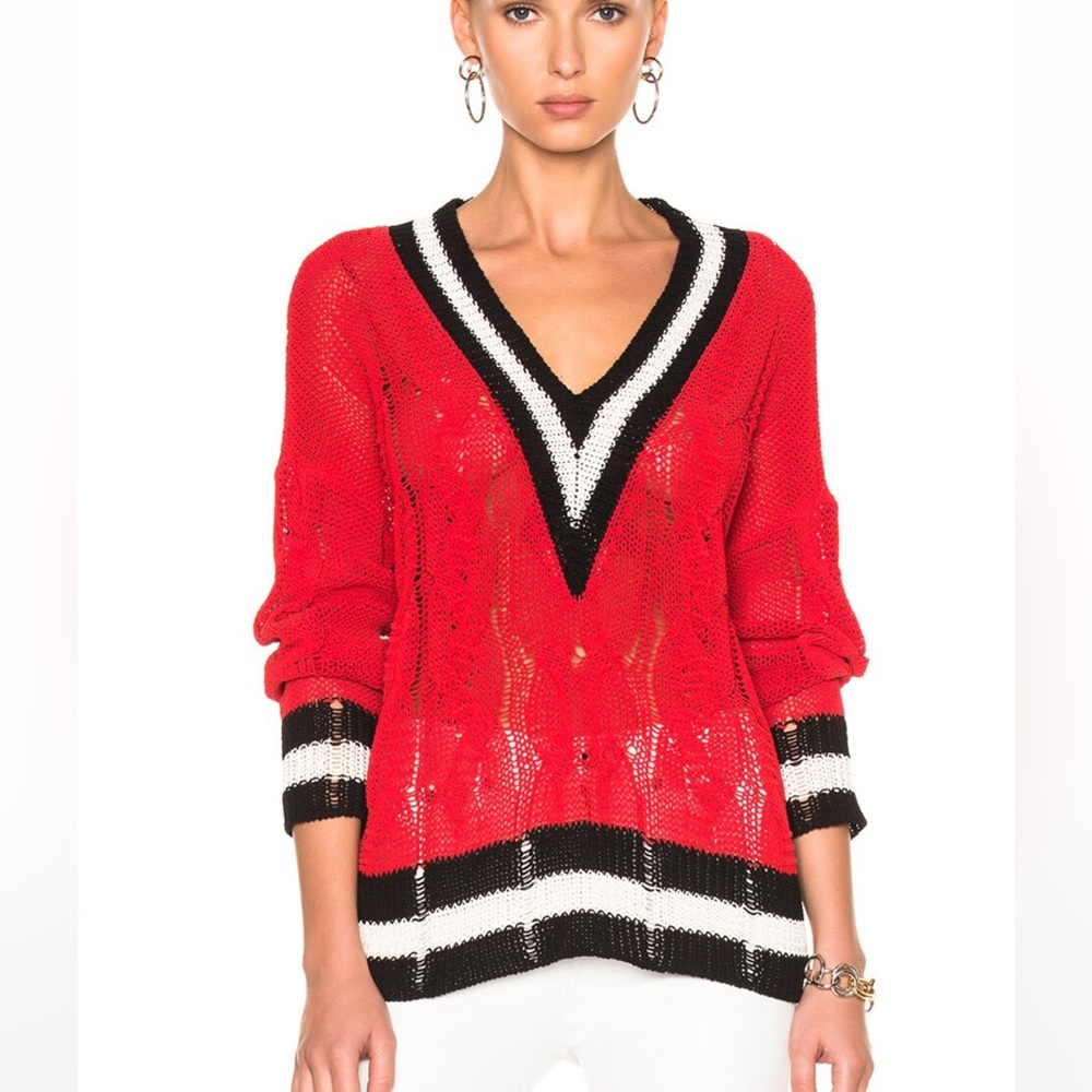 Rag & Bone Emma Sweater V Neck Open Knit red Black White Women XS